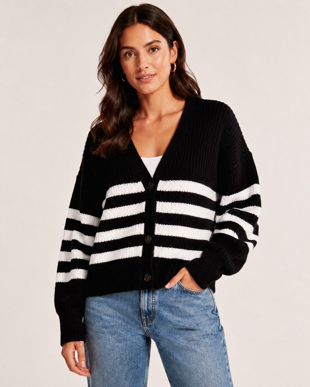 NWT VERO MODA VMLEA Striped V-Neck Cardigan Black Ivory Size L
